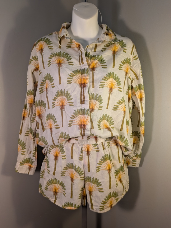 Haute Hippie Tops - Haute Hippie Style 2pc Palm Tree Set S Button-Up Shirt Shorts Elastic Pockets